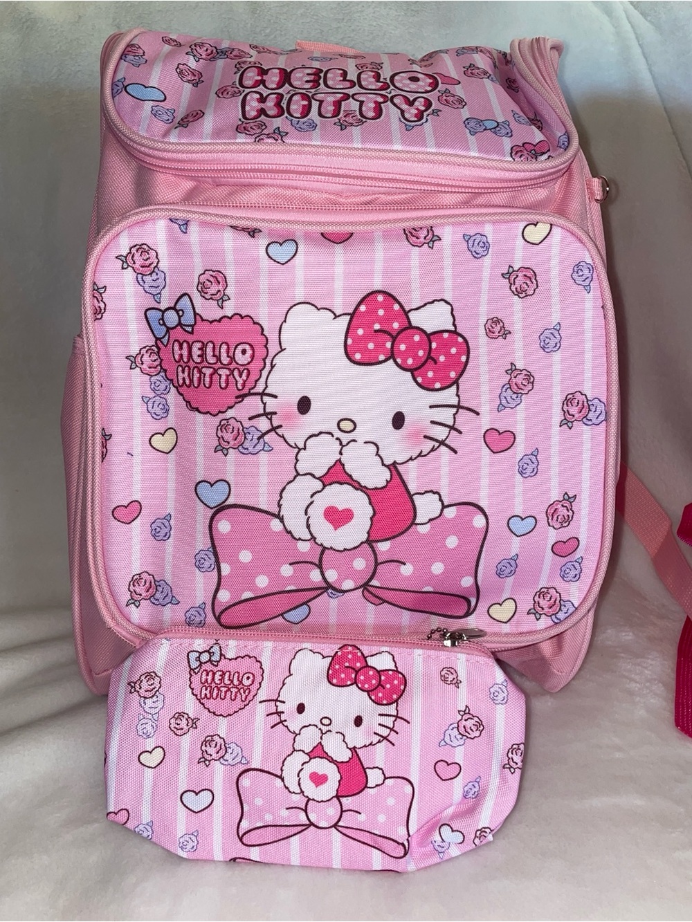 Hello Kitty Pink Striped Backpack with Matching Pouch